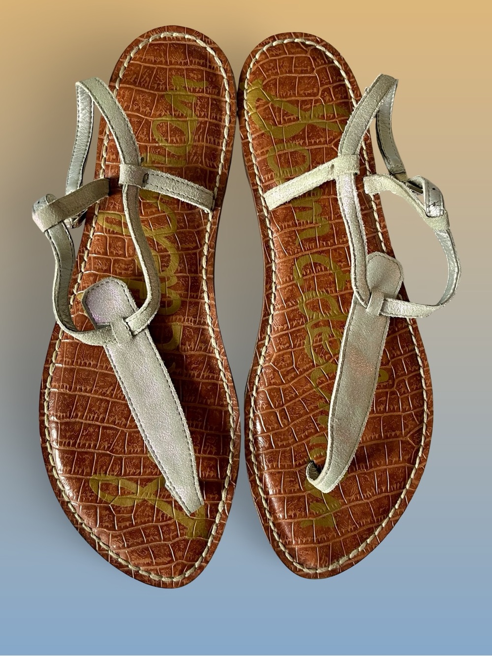 Sam Edelman Gigi Metallic Silver T-Strap Thong Sandals Croc Embossed Brown Sz9